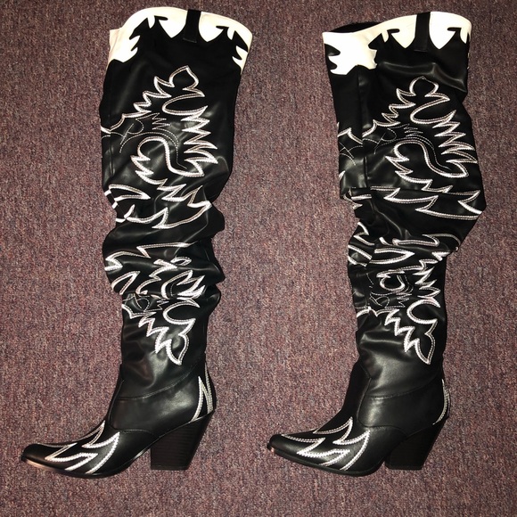 kelsie embroidered western thigh high long boot in black faux leather